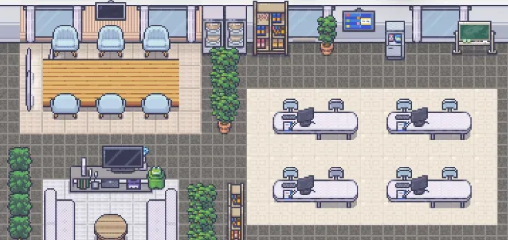 หน้าจอ Hideout แสดงมุมมองห้องทำงานภายในออฟฟิศ